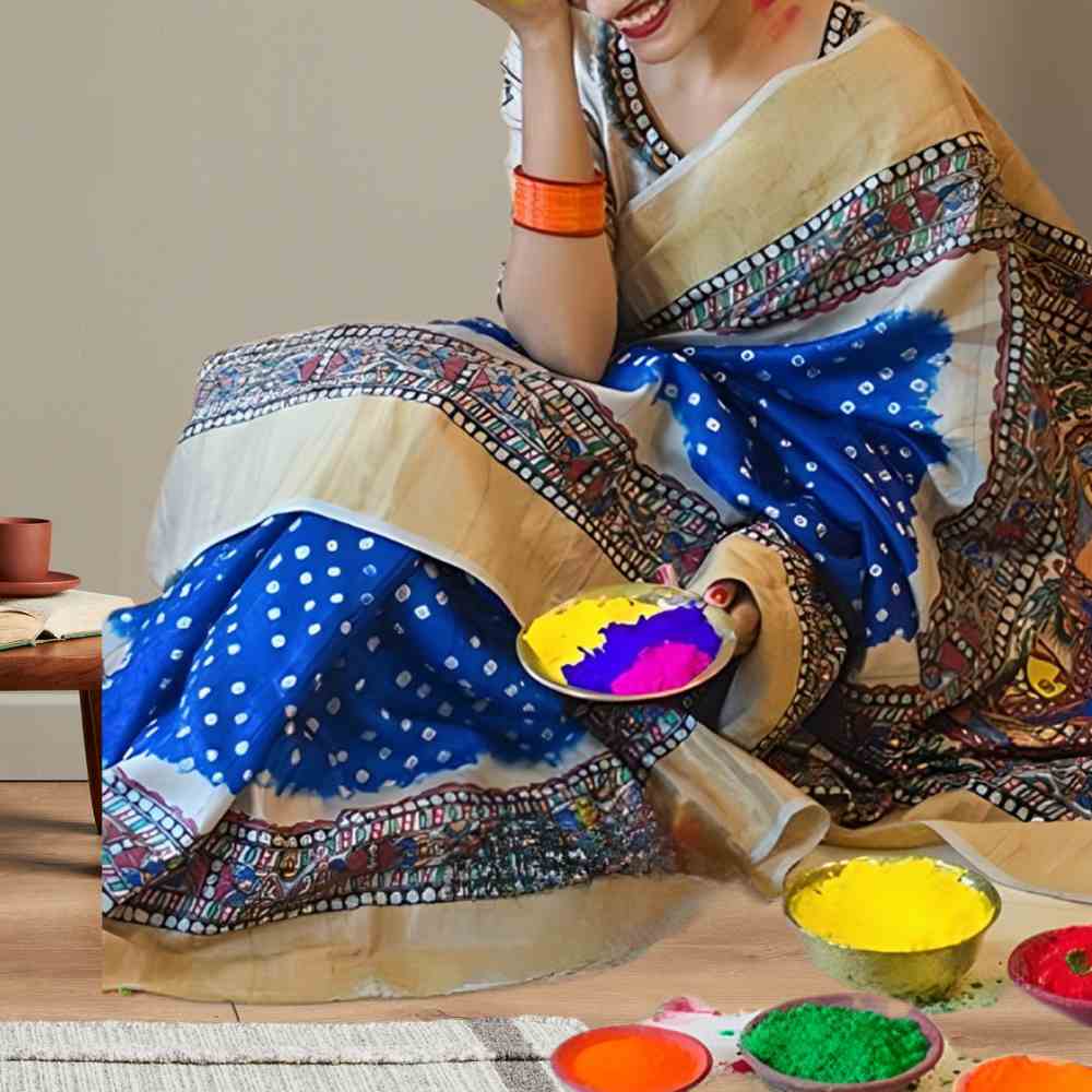 Tussar Saree with Madhubani Bride, Doli, and Kaahar Painting